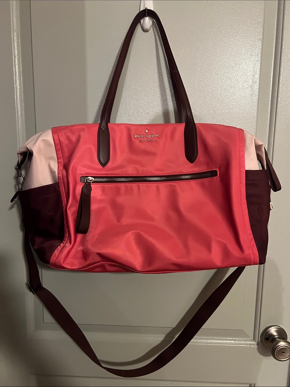 Kate Spade Coral and Light Pink Nylon Travel Duffle Brown Leather Trim